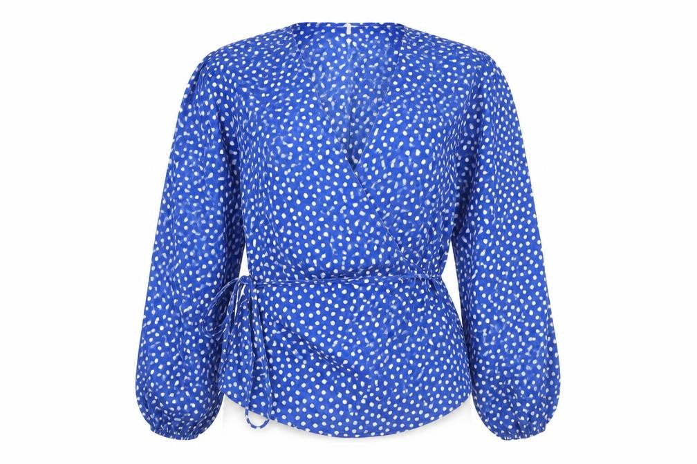 H&M Women’s Blue Polka Dot Wrap Blouse Size 8 Puff Sleeve