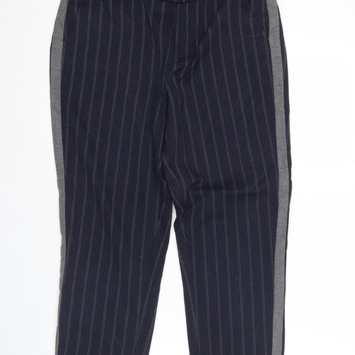 Zara Women Blue Striped Straight Trousers Size S Elastic Waist