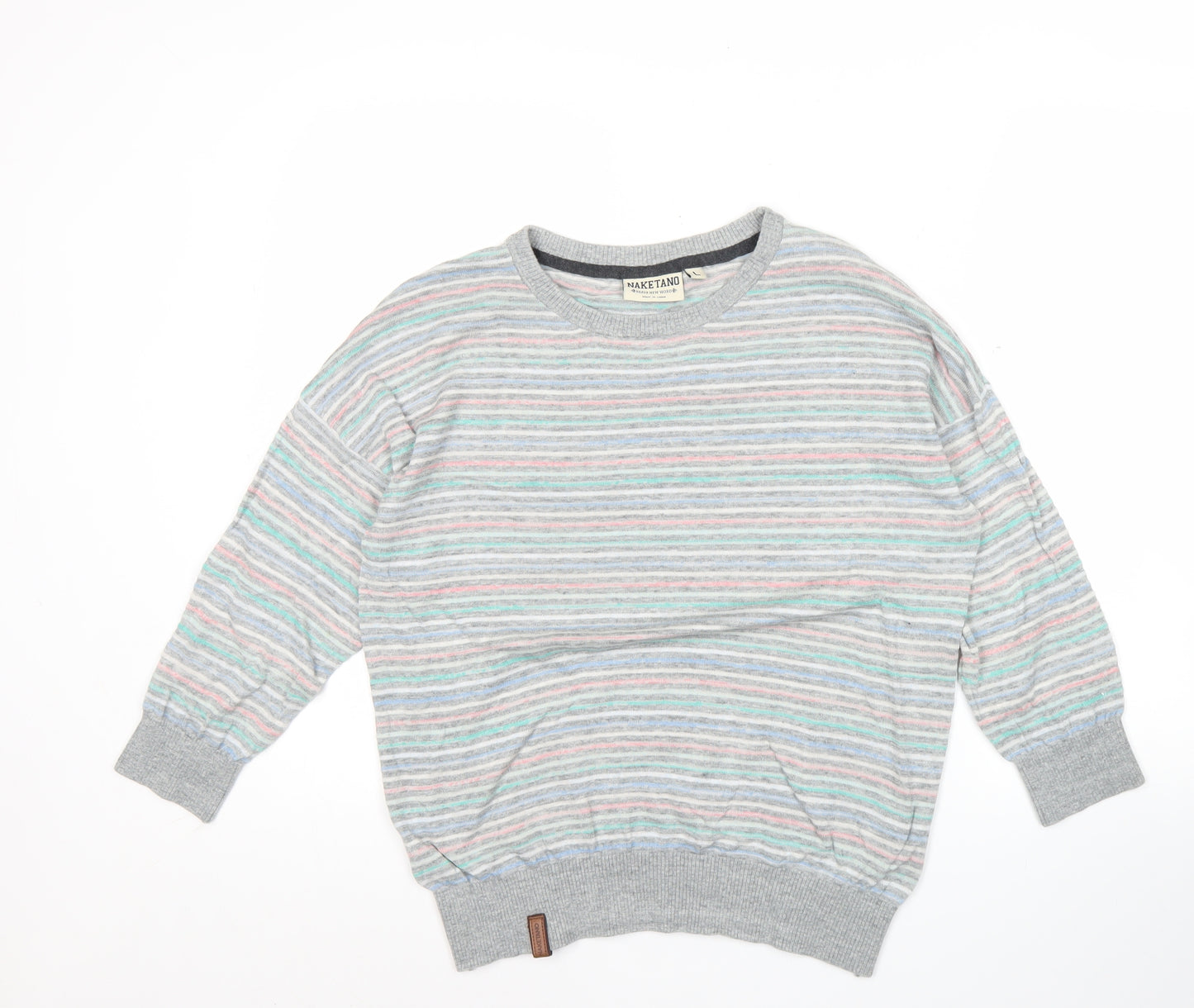 Naketano Men’s Grey Striped Crew Neck Pullover Jumper Size L