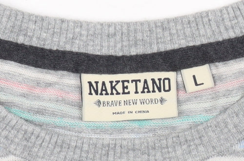 Naketano Men’s Grey Striped Crew Neck Pullover Jumper Size L
