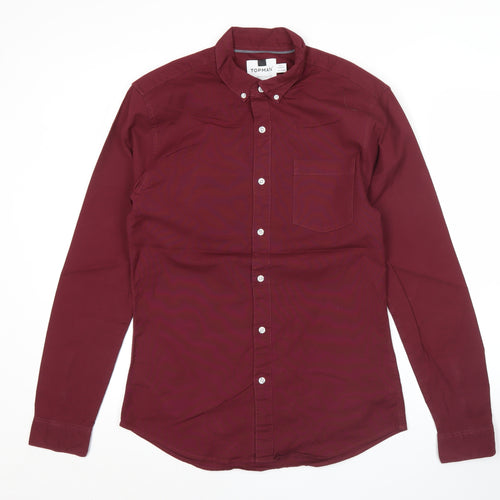 Topman Mens Red Slim Fit Button-Up Shirt L Long Sleeve Cotton