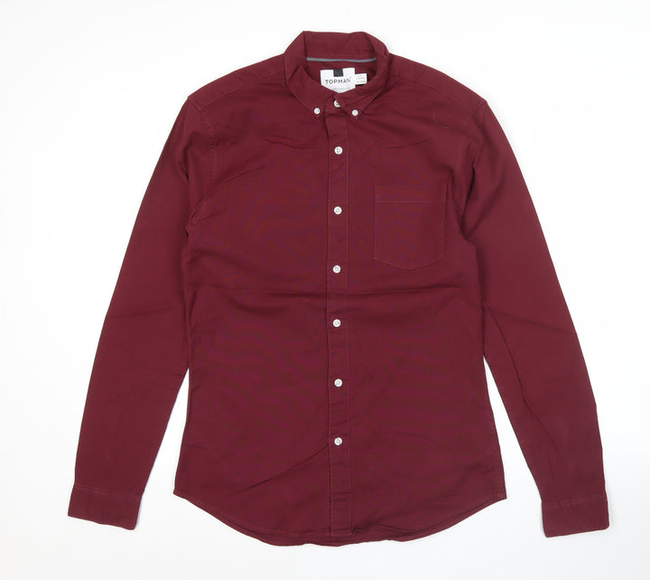 Topman Mens Red Slim Fit Button-Up Shirt L Long Sleeve Cotton