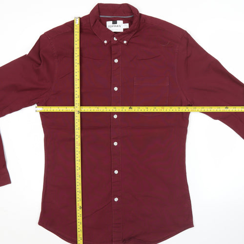 Topman Mens Red Slim Fit Button-Up Shirt L Long Sleeve Cotton