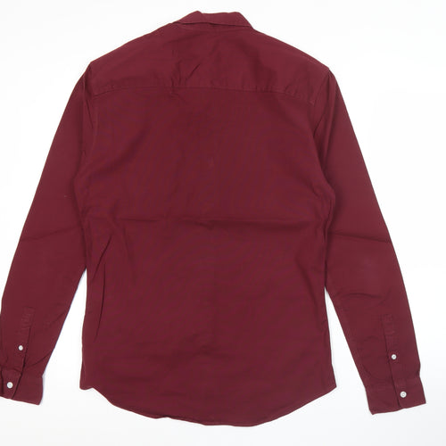 Topman Mens Red Slim Fit Button-Up Shirt L Long Sleeve Cotton