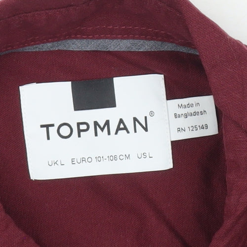 Topman Mens Red Slim Fit Button-Up Shirt L Long Sleeve Cotton