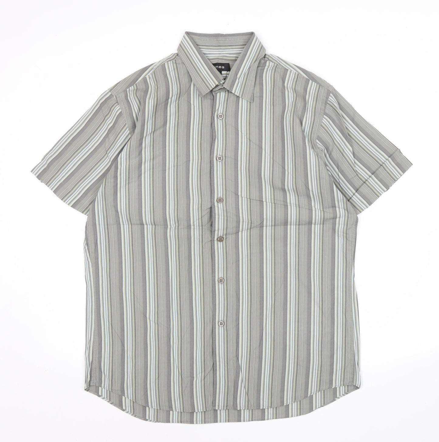 Linea Men’s Grey Striped Short Sleeve Cotton Button Up Shirt XL
