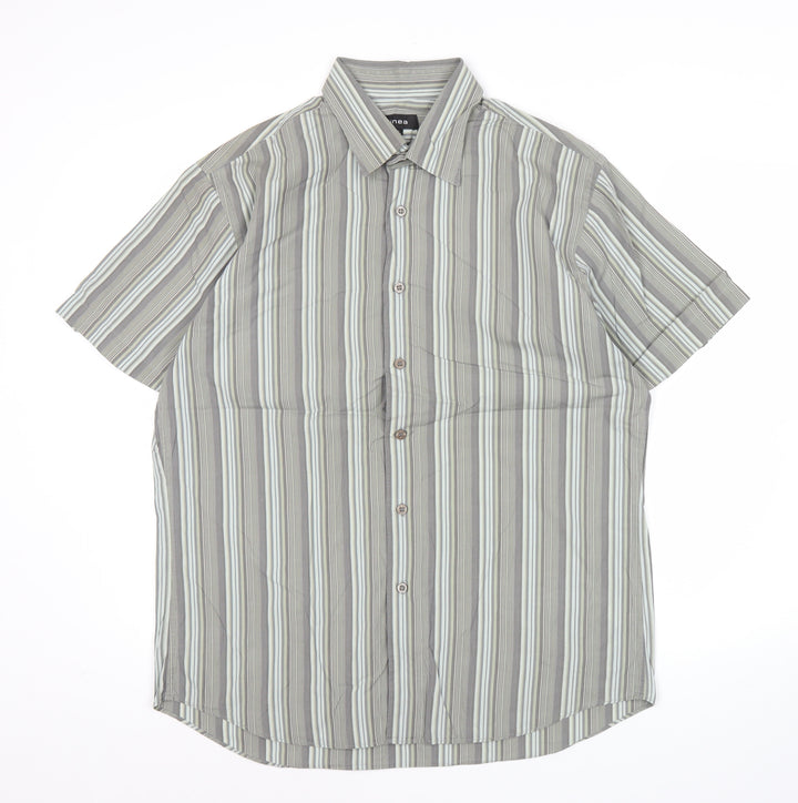 Linea Men’s Grey Striped Short Sleeve Cotton Button Up Shirt XL