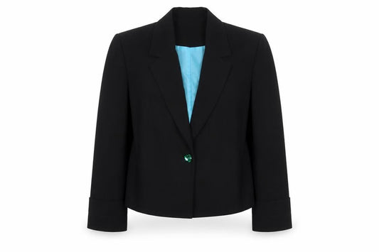 Front view of Wish Women’s Black Cropped Blazer Jacket, size UK 12, Tailored One-Button