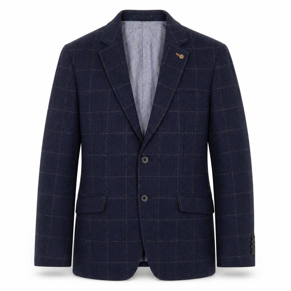 Front view of Mexx Men’s Blue Checked Slim Fit Wool Blend Blazer Jacket, size 38