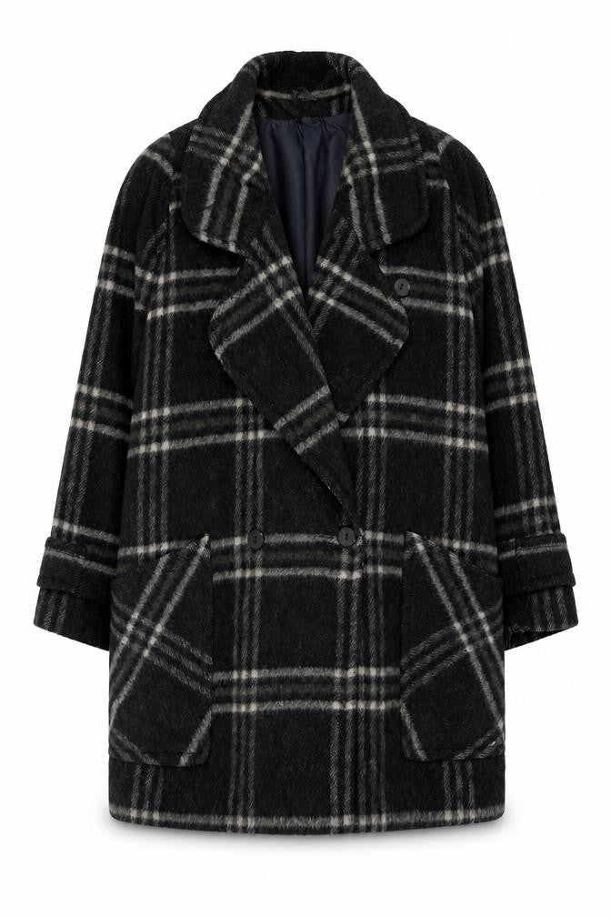 Front view of Accolade women’s black plaid wool blend mid-length overcoat, size UK 16