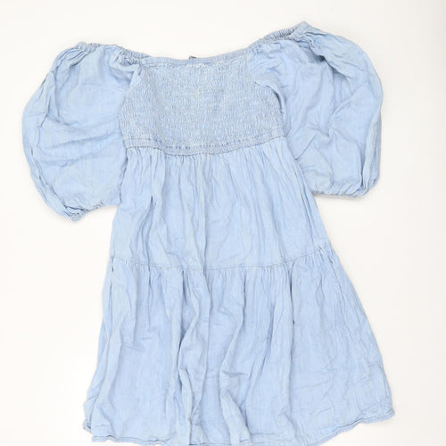 Papaya Women Blue Cotton Off Shoulder Puff Sleeve Skater Dress Size 10