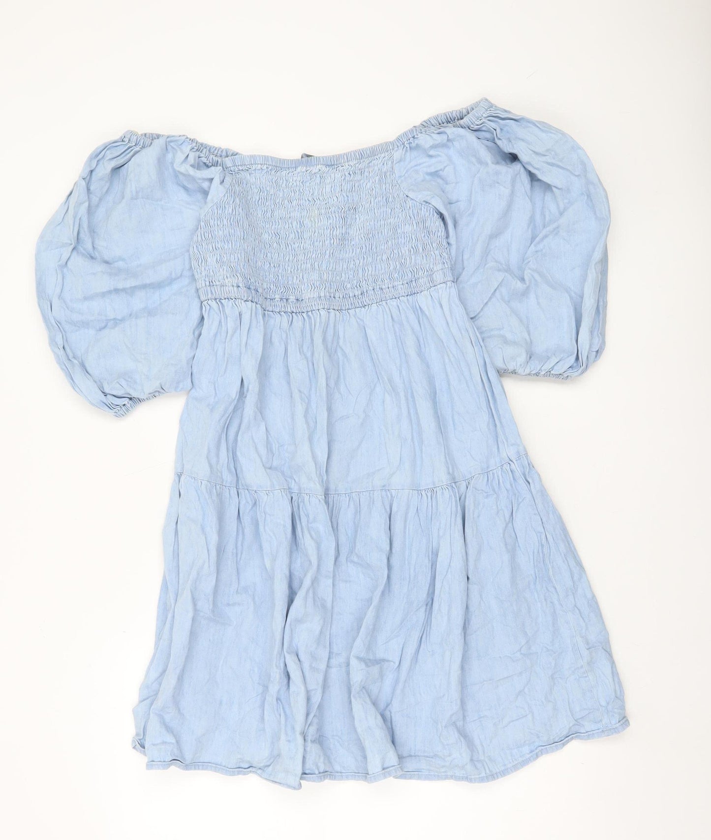 Papaya Women Blue Cotton Off Shoulder Puff Sleeve Skater Dress Size 10