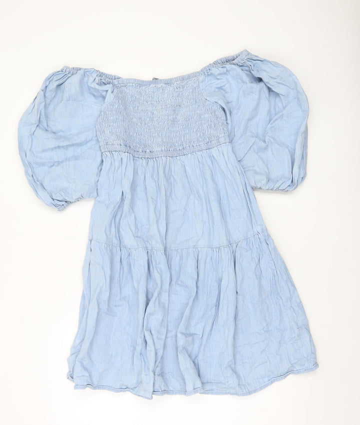 Papaya Women Blue Cotton Off Shoulder Puff Sleeve Skater Dress Size 10