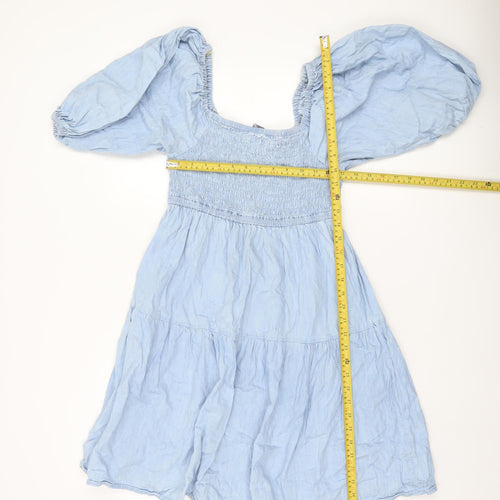 Papaya Women Blue Cotton Off Shoulder Puff Sleeve Skater Dress Size 10