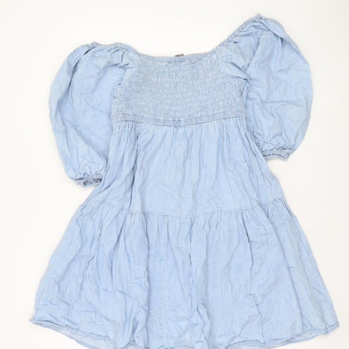 Papaya Women Blue Cotton Off Shoulder Puff Sleeve Skater Dress Size 10