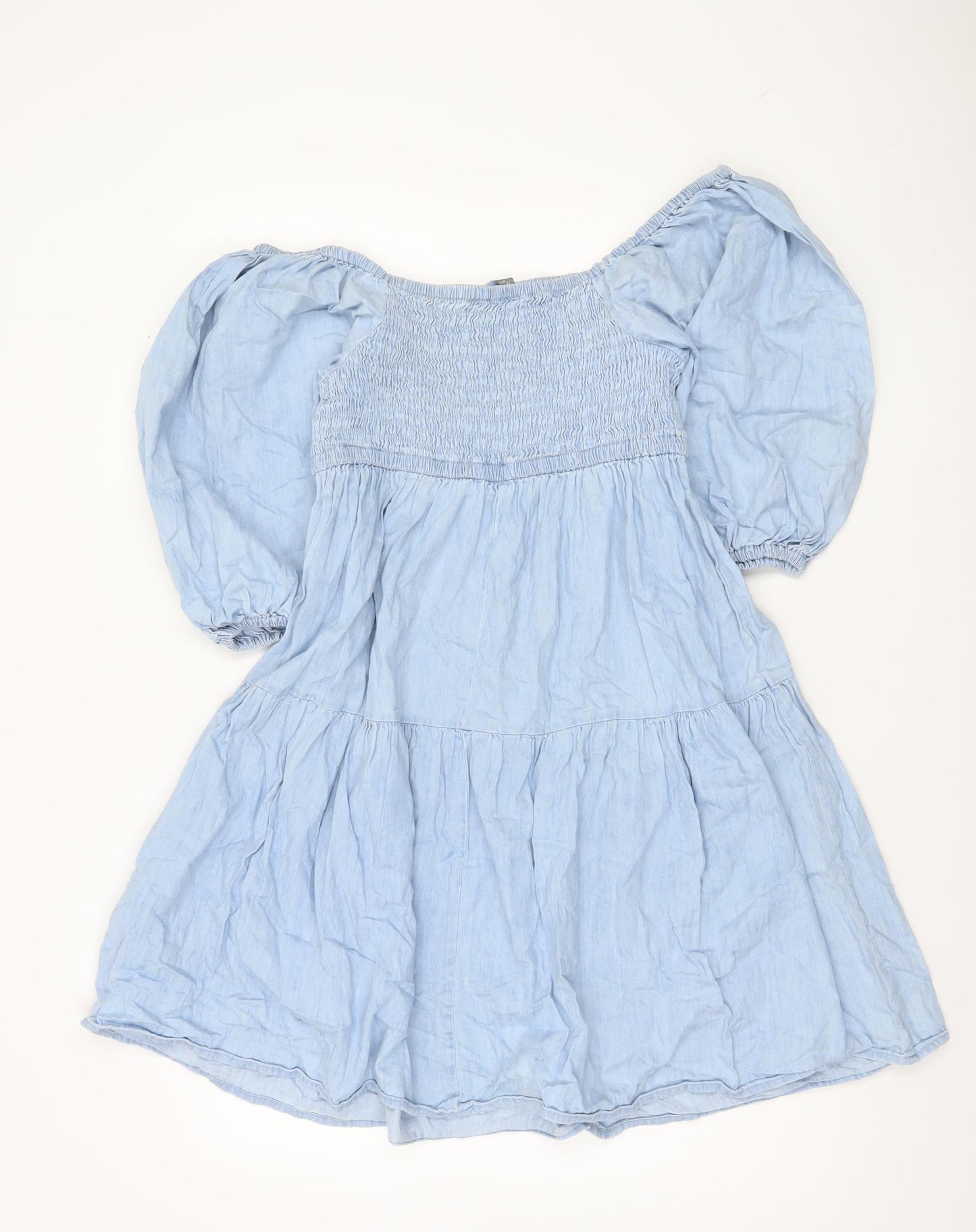 Papaya Women Blue Cotton Off Shoulder Puff Sleeve Skater Dress Size 10