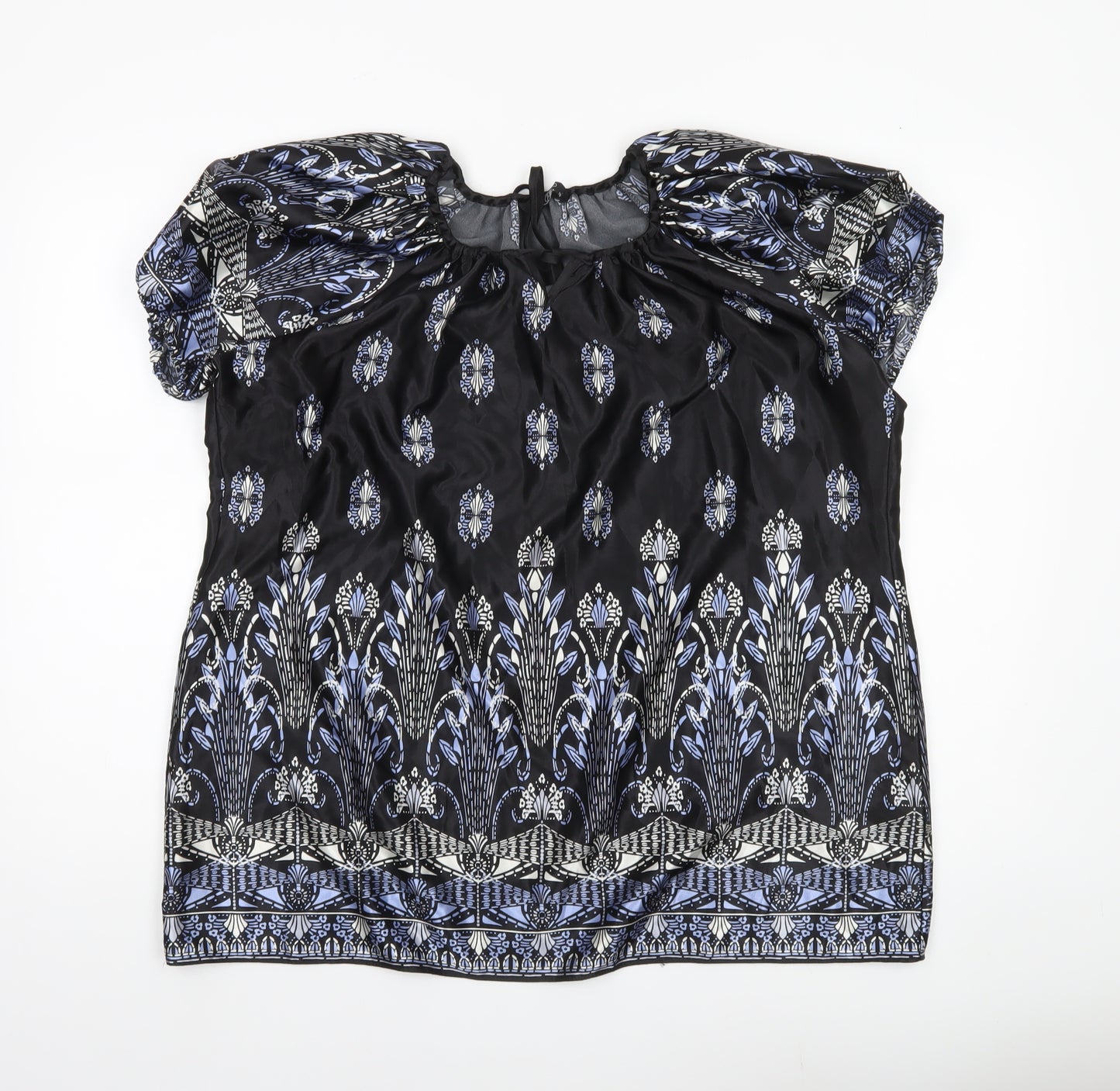 Bm Womens Black Floral Satin Tunic Blouse Size 18 Puff Sleeve