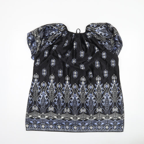 Bm Womens Black Floral Satin Tunic Blouse Size 18 Puff Sleeve