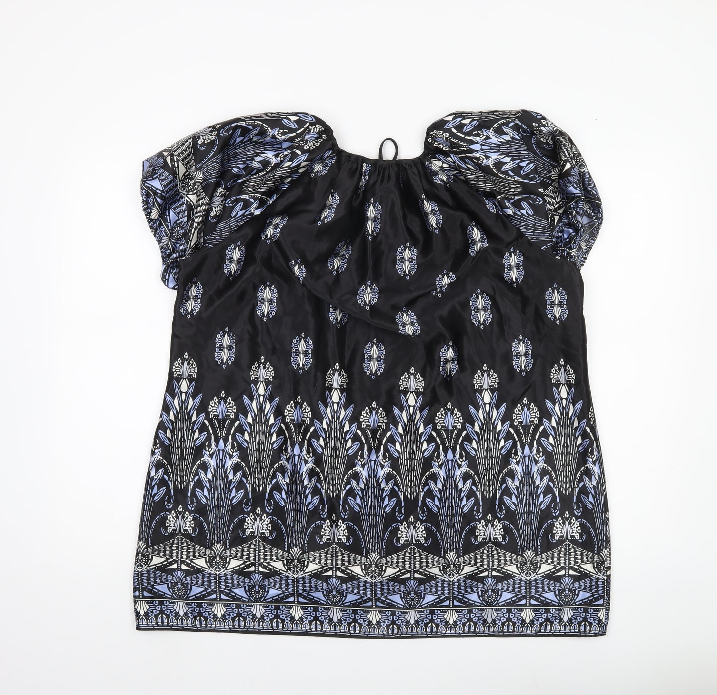 Bm Womens Black Floral Satin Tunic Blouse Size 18 Puff Sleeve