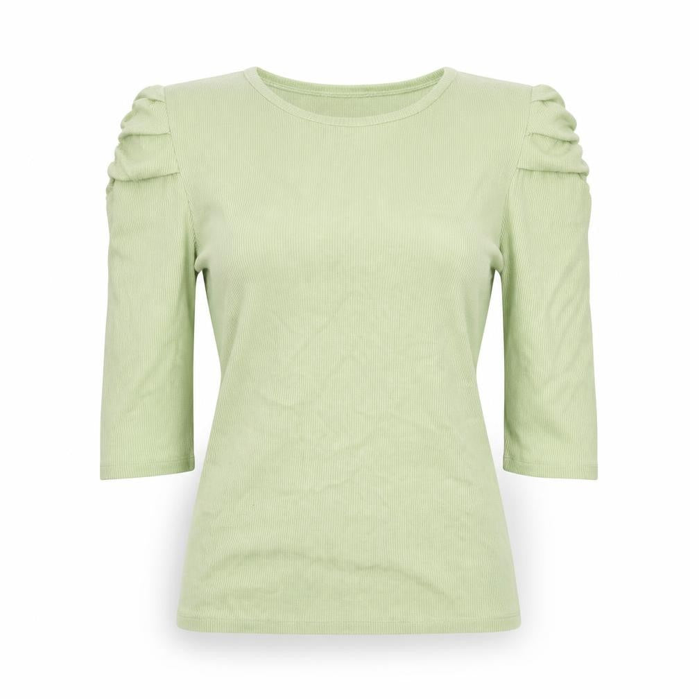 Front view of Stradivarius women’s green puff sleeve t-shirt, size L, regular