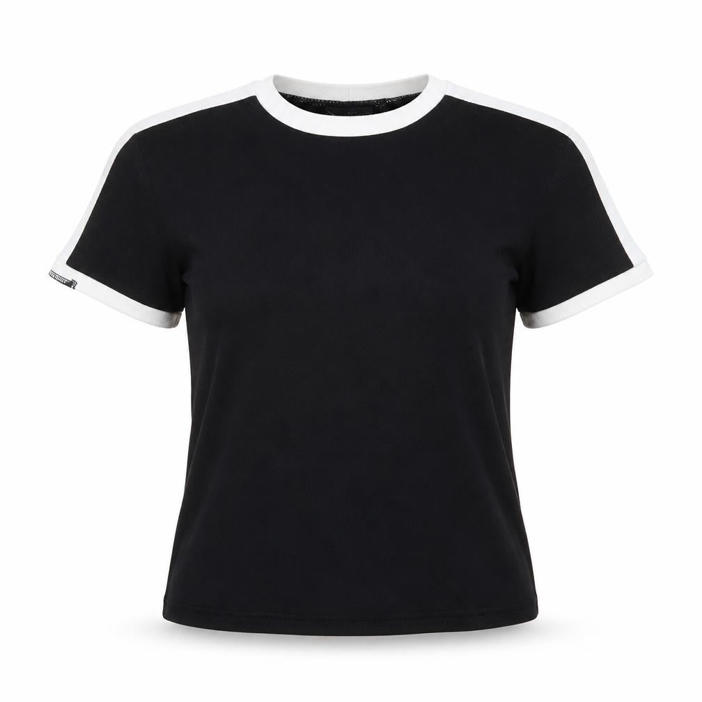 Front view of PRETTYLITTLETHING women’s black, size UK 6, ringer t-shirt cotton