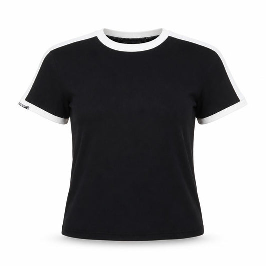 Front view of PRETTYLITTLETHING women’s black, size UK 6, ringer t-shirt cotton