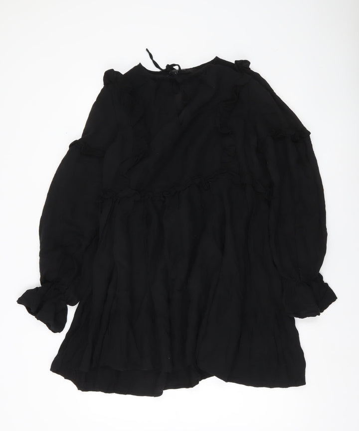 In The Style Women’s Black Size 12 Shift Mini Dress Ruffle Long Sleeve