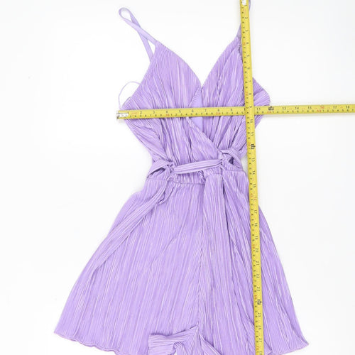 Quiz Women Purple Size 8 Pleated Playsuit V-Neck Belted Summer