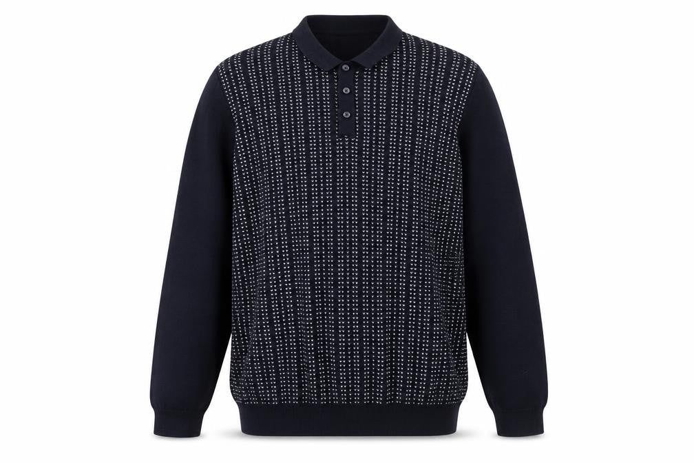 Front view of Easy Men's XL Blue Collared Henley Jumper Long Sleeve Knit
