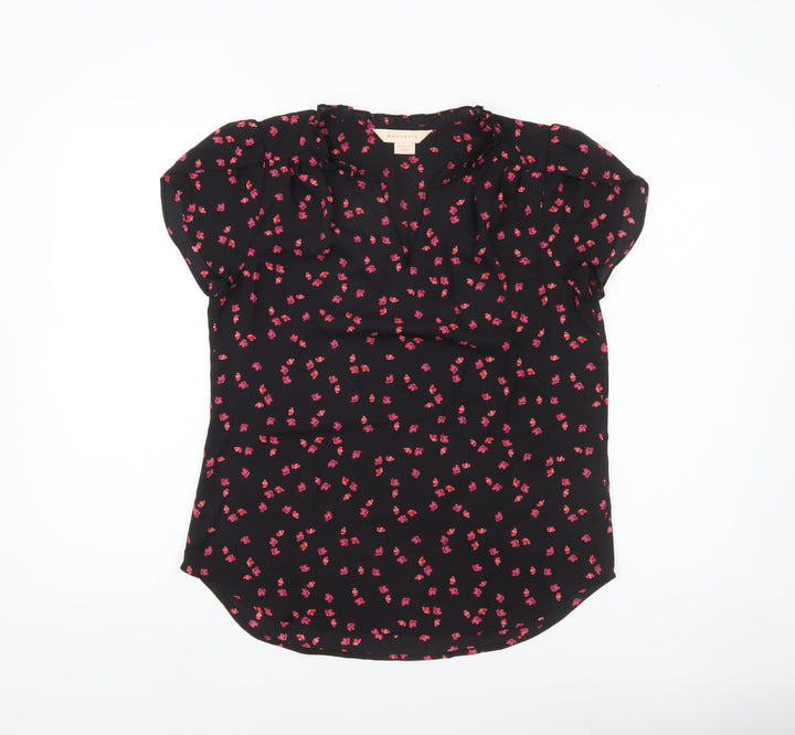 Mauvette Womens Black Floral Blouse Size 8 Short Sleeve Tunic