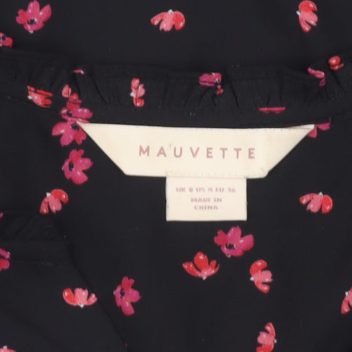 Mauvette Womens Black Floral Blouse Size 8 Short Sleeve Tunic