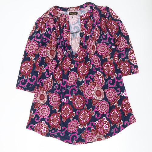 Reborn Womens Multicoloured Floral Tunic Blouse L V-Neck 3/4 Sleeve