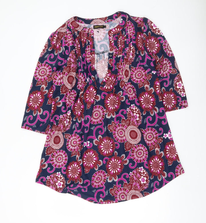 Reborn Womens Multicoloured Floral Tunic Blouse L V-Neck 3/4 Sleeve