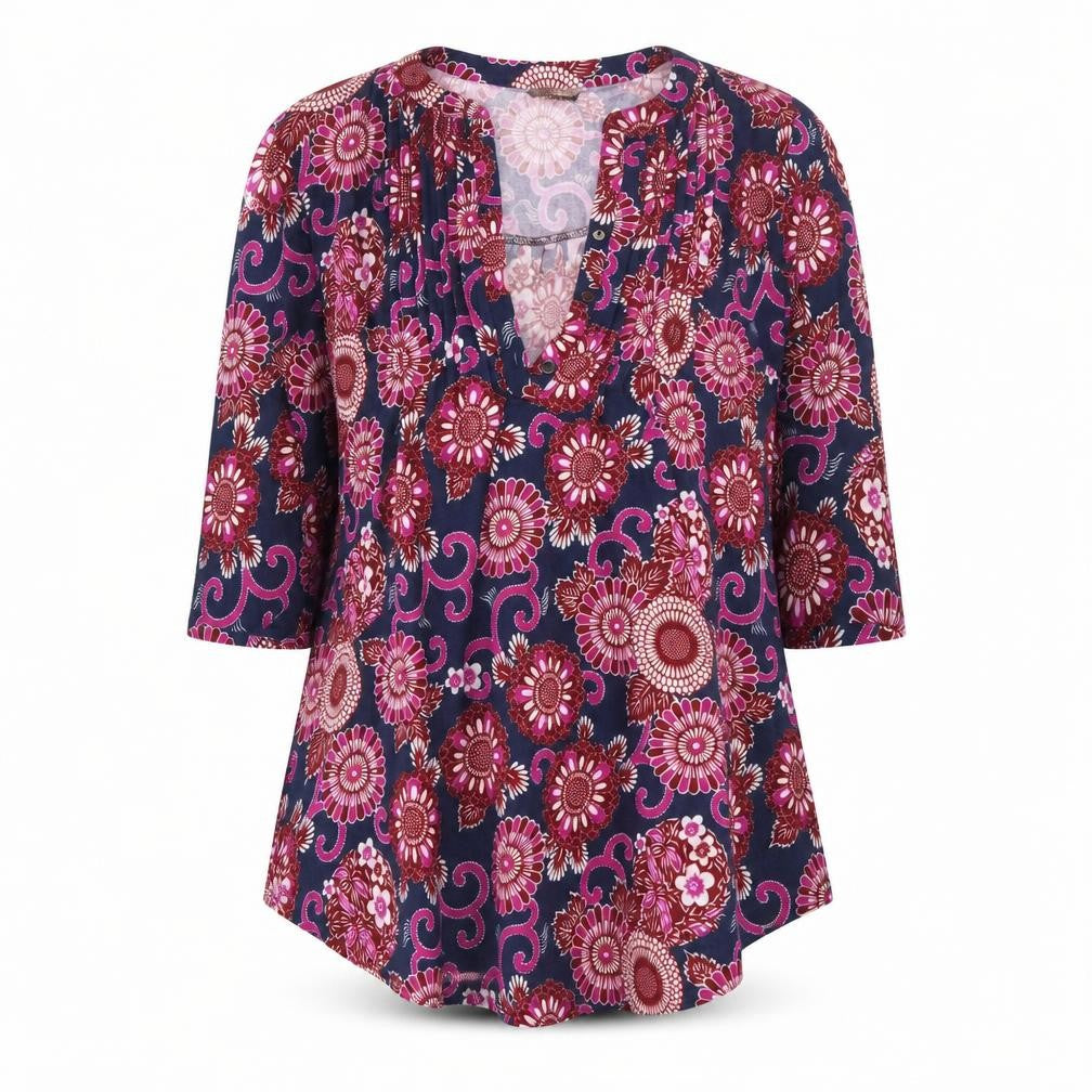 Reborn Womens Multicoloured Floral Tunic Blouse L V-Neck 3/4 Sleeve