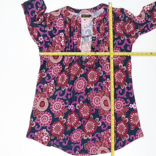 Reborn Womens Multicoloured Floral Tunic Blouse L V-Neck 3/4 Sleeve