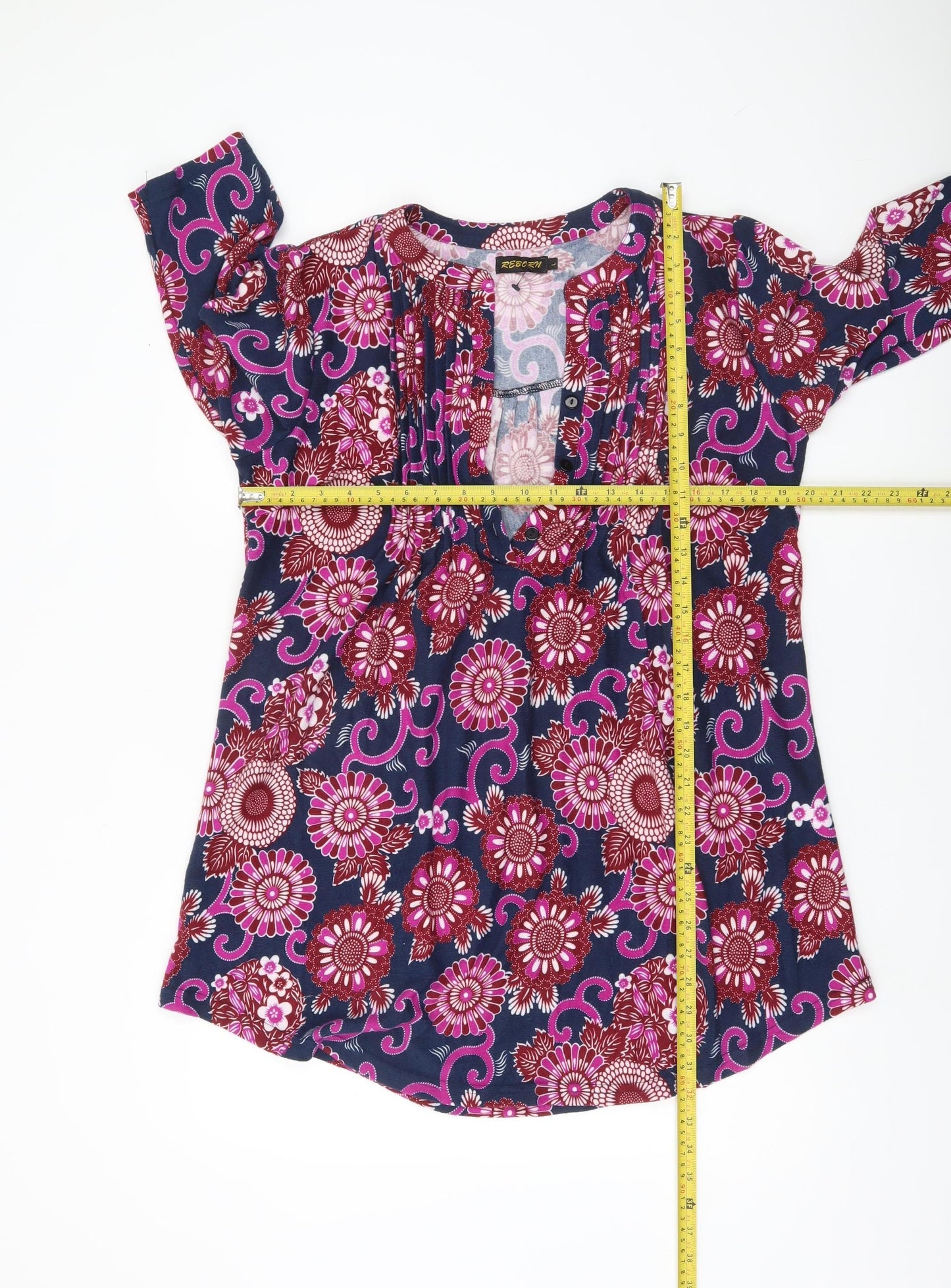 Reborn Womens Multicoloured Floral Tunic Blouse L V-Neck 3/4 Sleeve