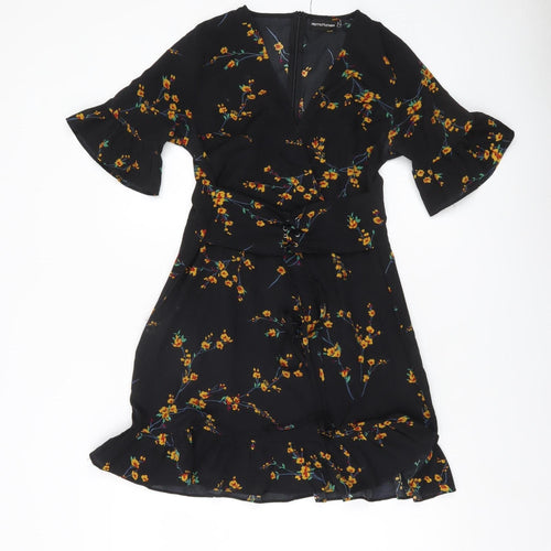 PrettyLittleThing Women’s Black Floral Wrap Dress Size 10 V-Neck Ruffle