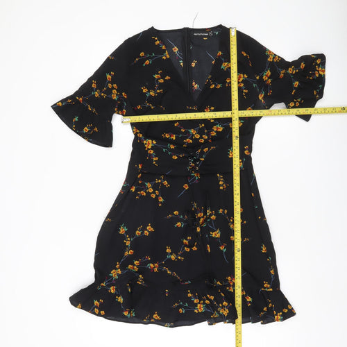 PrettyLittleThing Women’s Black Floral Wrap Dress Size 10 V-Neck Ruffle
