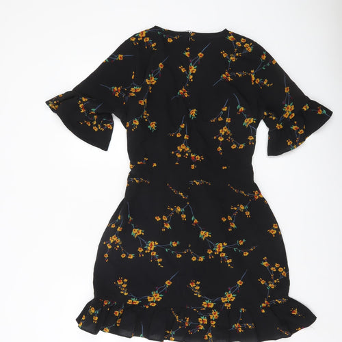 PrettyLittleThing Women’s Black Floral Wrap Dress Size 10 V-Neck Ruffle