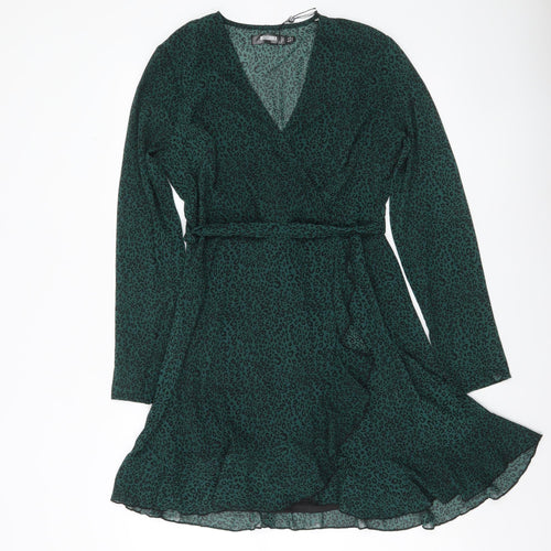 Missguided Women Green Animal Print Wrap Dress Size 10