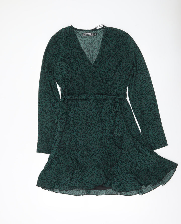 Missguided Women Green Animal Print Wrap Dress Size 10