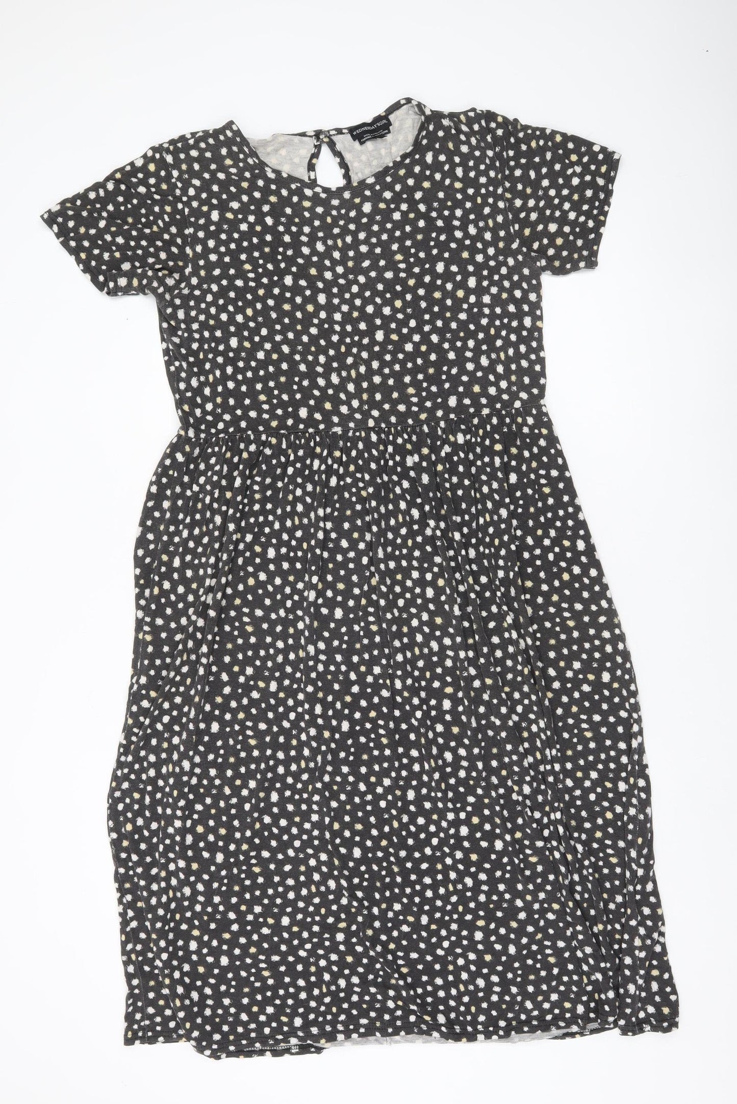 Wednesday's Girl Women Black Polka Dot Skater Dress Size M Short Sleeve