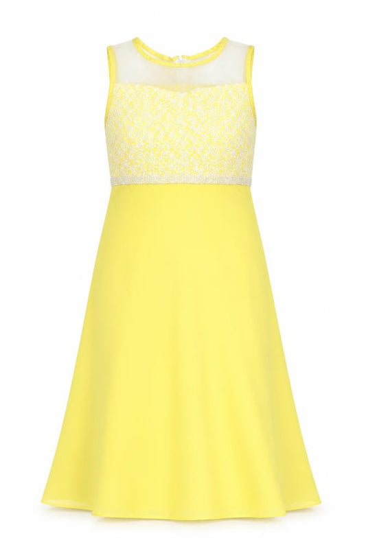 Front view of Sunny Fashion women’s yellow a-line midi sleeveless dress, size UK 12