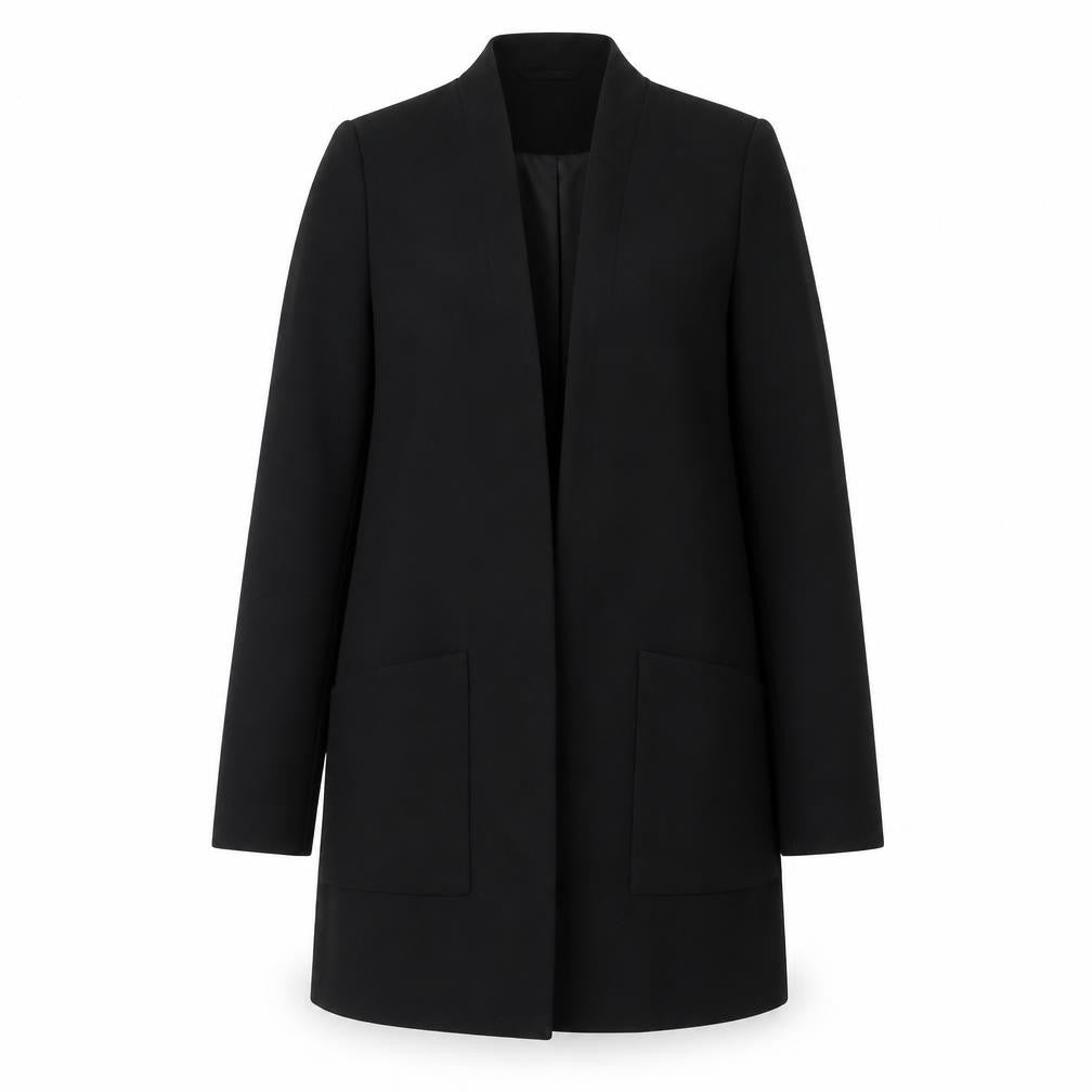 Front view of H&M Women’s Black Mid-Length Overcoat, size UK 8, Polyester Blend