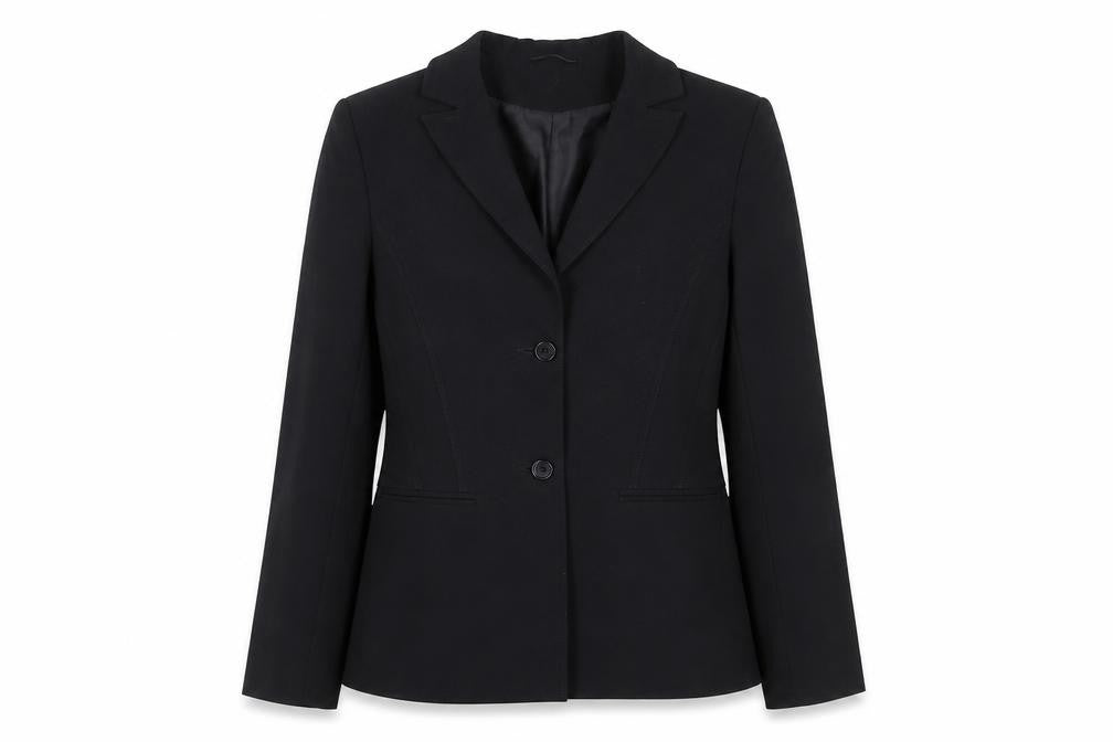 Front view of Bay women’s black blazer jacket, size UK 8, tailored workwear