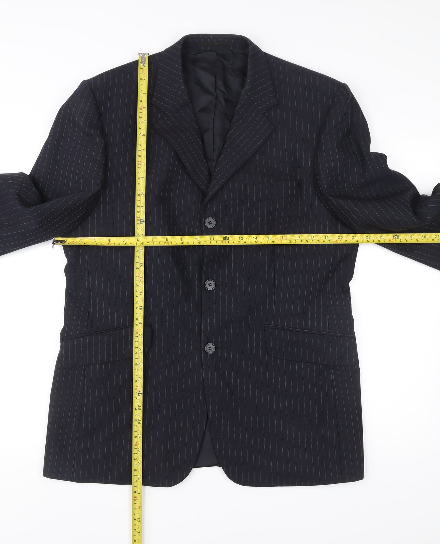 City Survival Men’s Black Pinstripe 40R Suit Jacket Wool Blend