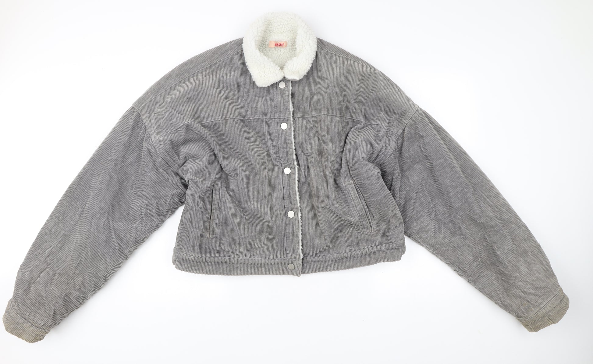 Misspap Women Grey Corduroy Bomber Jacket Size 10 Cropped Faux Fur