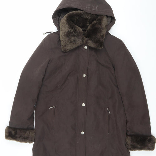 Bm Collection Womens Brown Faux Fur Trim Hooded Parka Coat Size S