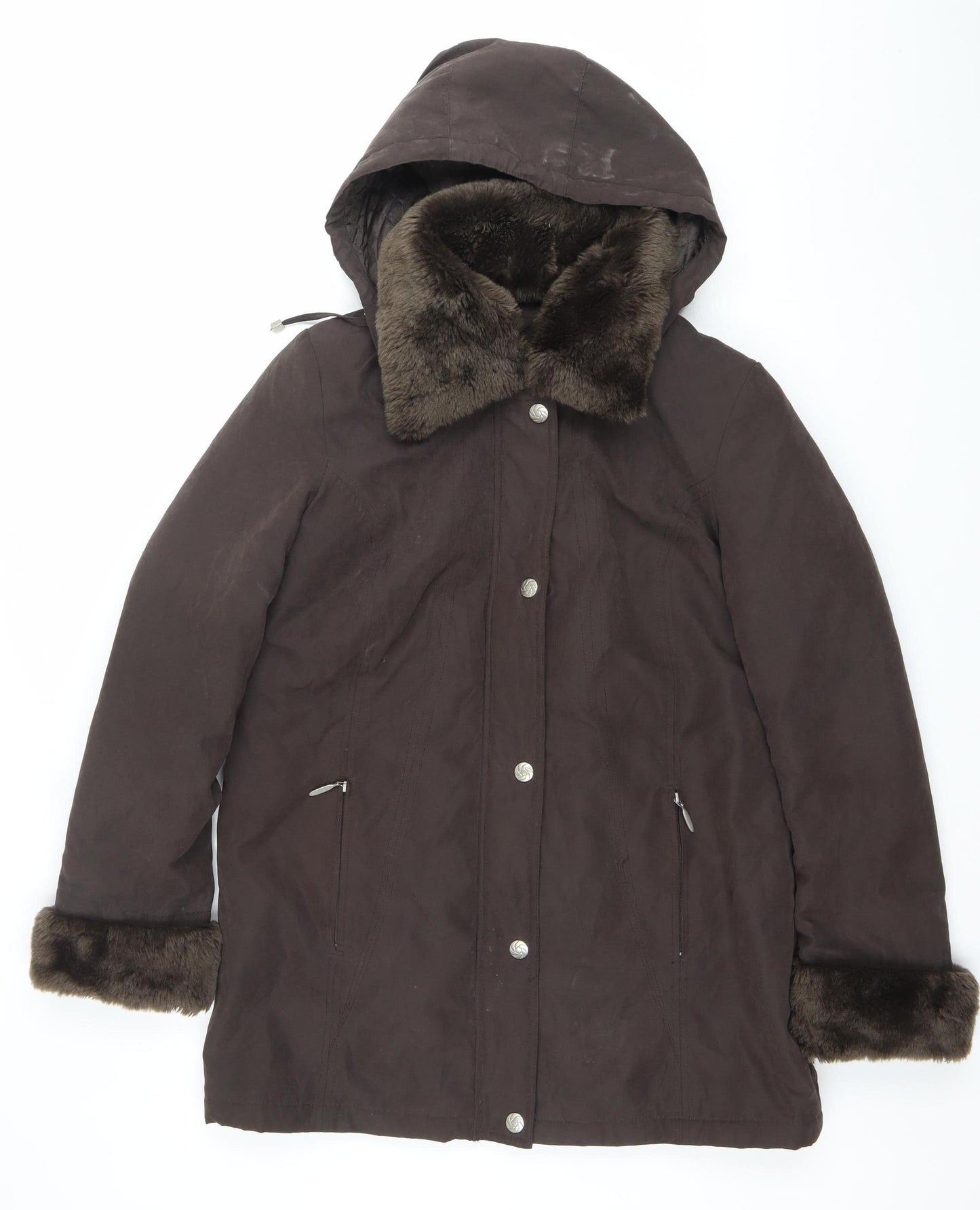 Bm Collection Womens Brown Faux Fur Trim Hooded Parka Coat Size S