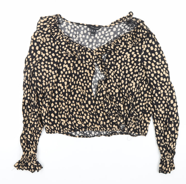 New Look Womens Black Size 12 Ruffle Cropped Blouse Long Sleeve